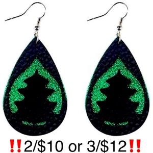 Christmas Tree Earrings Faux Leather Black Green Glitter Statement Earrings
